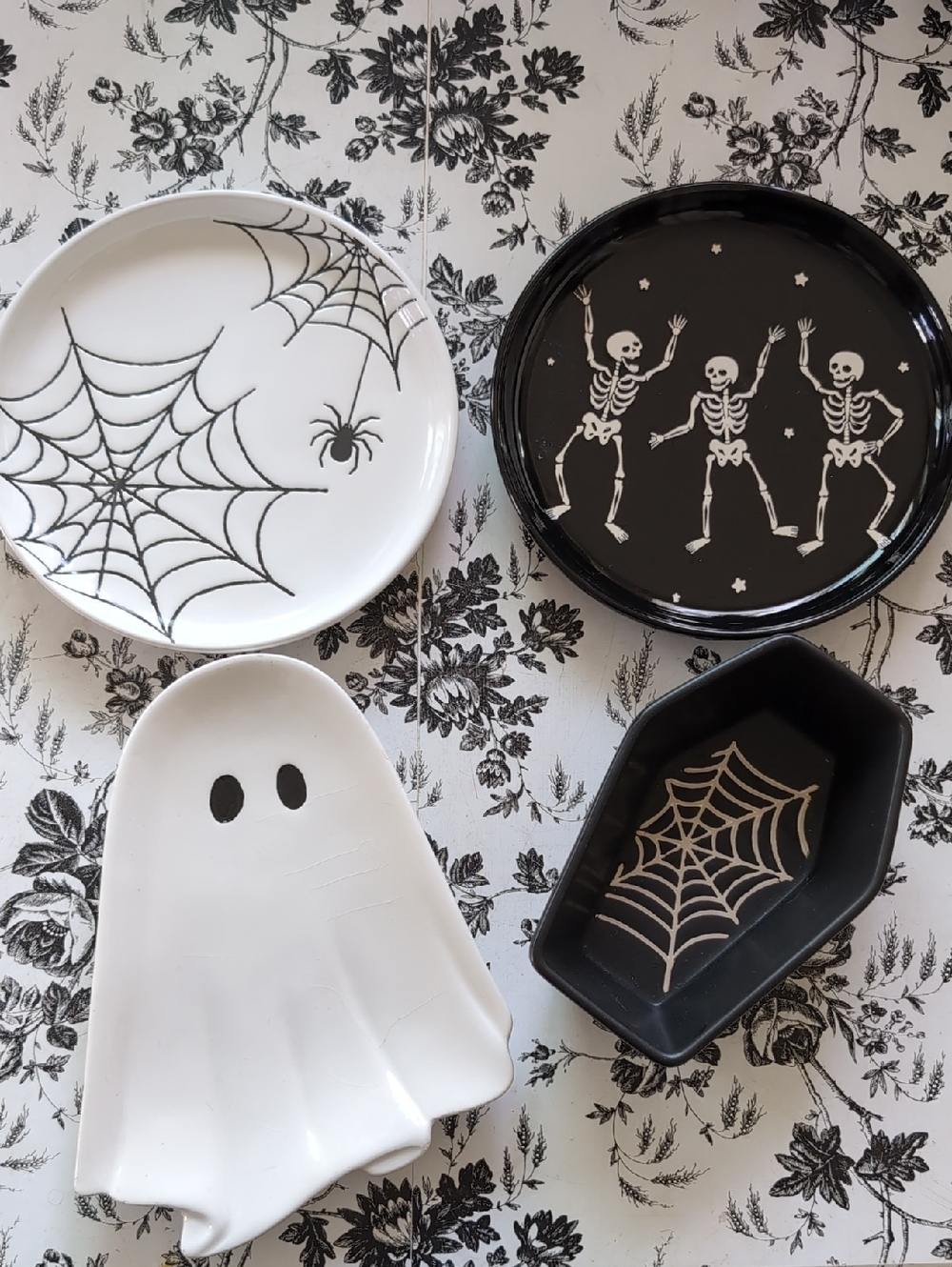 Halloween Ceramic Serving Plates - Ghost, Skeleton & Spiderweb Set